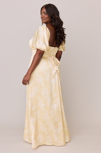 Isabella Satin Floral Print Dress | Made To Order | Pale Yellow Bouquet