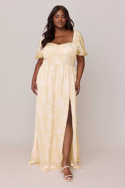 Isabella Satin Floral Print Dress | Made To Order | Pale Yellow Bouquet