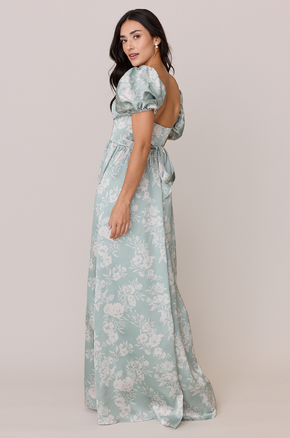 Isabella Satin Floral Print Dress | Made To Order | Sage and Champagne Bouquet