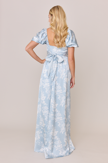 Isabella Satin Floral Print Dress | Made To Order | Sky Blue Bouquet