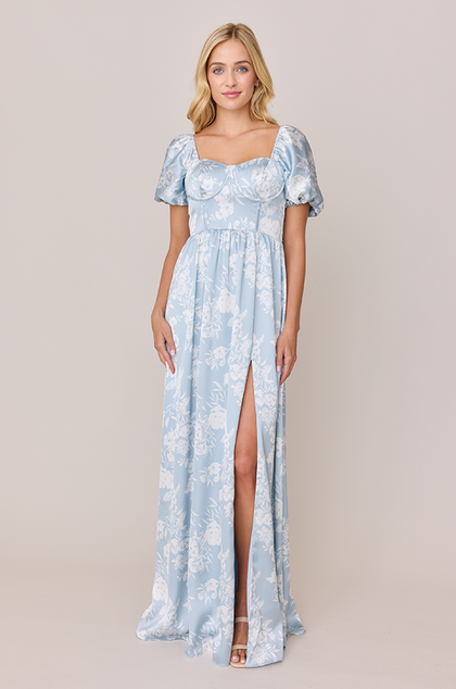 Isabella Satin Floral Print Dress | Made To Order | Sky Blue Bouquet