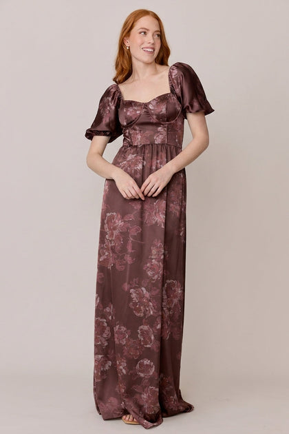 Isabella Satin Floral Print Dress | Made To Order | Mahogany Blooms