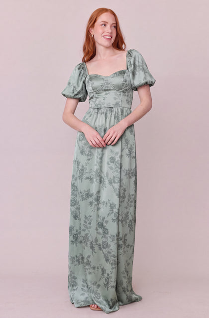 Isabella Satin Floral Print Dress | Sage Bouquet