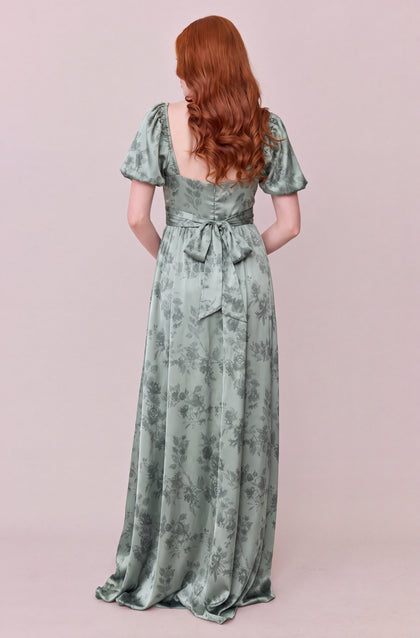 Isabella Satin Floral Print Dress | Sage Bouquet