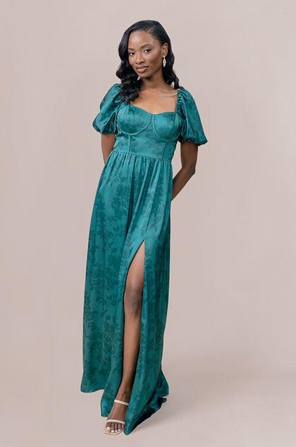 Isabella Satin Floral Print Dress | Made To Order | Classic Emerald Bouquet
