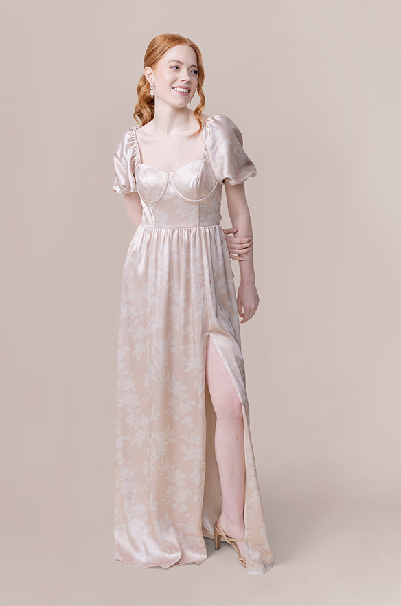 Isabella Satin Floral Print Dress | Made To Order Gold Champagne Bouquet Isabella Satin Floral Print Dress | Made To Order Gold Champagne Bouquet