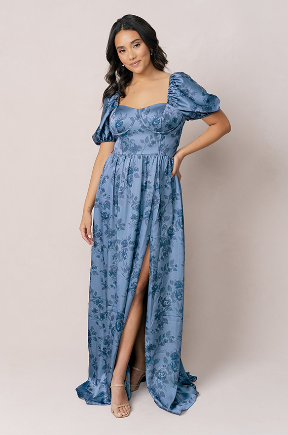 Isabella Satin Floral Print Dress | Made To Order Sky Blue Garden Isabella Satin Floral Print Dress | Made To Order Sky Blue Garden