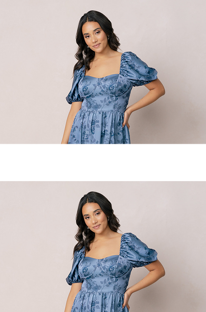 Model: Irene; Size: 10; Color: Indie Blue Bouquet