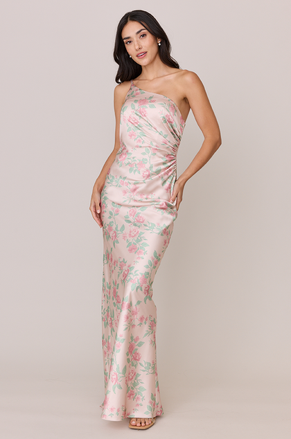 Jade Satin Floral Print Dress | Made To Order | Blushing Bride Bouquet