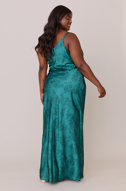Jade Satin Floral Print Dress | Made To Order | Classic Emerald Bouquet
