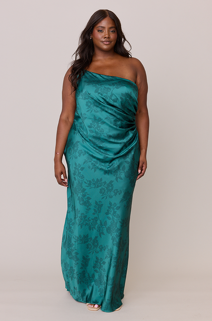 Jade Satin Floral Print Dress | Made To Order | Classic Emerald Bouquet