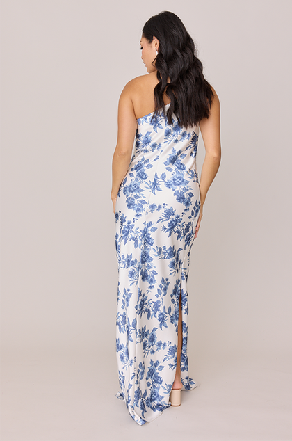 Jade Satin Floral Print Dress | Made To Order | Dusty Blue Bouquet