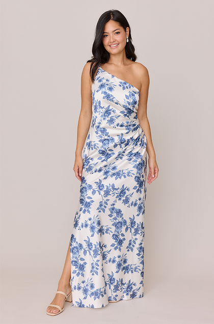 Jade Satin Floral Print Dress | Made To Order | Dusty Blue Bouquet