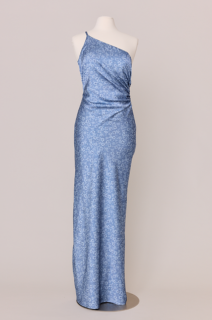 Jade Satin Floral Print Dress | Made To Order | Dusty Blue Posey