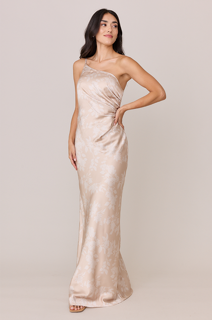 Jade Satin Floral Print Dress | Made To Order | Gold Champagne Bouquet