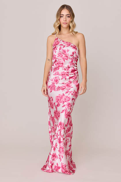 Jade Satin Floral Print Dress | Made To Order | Hot Pink Garden