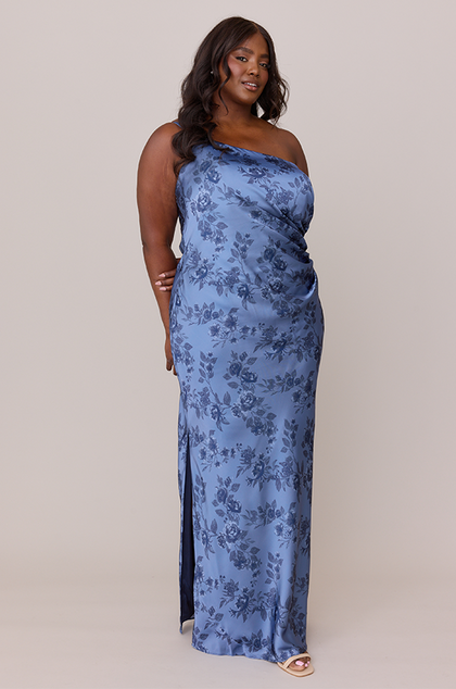 Jade Satin Floral Print Dress | Made To Order | Indie Blue Bouquet