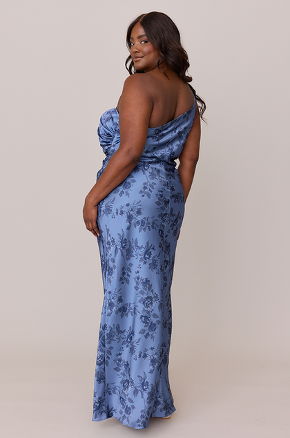 Jade Satin Floral Print Dress | Made To Order | Indie Blue Bouquet