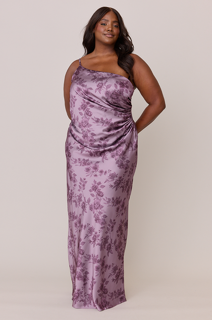 Jade Satin Floral Print Dress | Made To Order | Lilac Bouquet