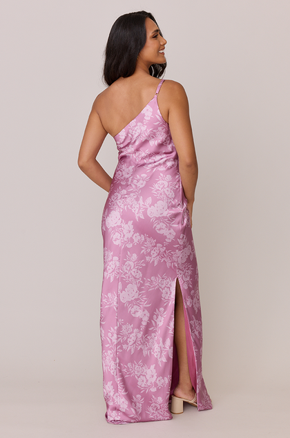 Jade Satin Floral Print Dress | Made To Order | Mauve Pink Bouquet