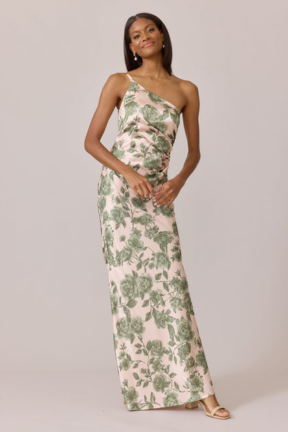 Jade Satin Floral Print Dress | Made To Order | Moss Garden