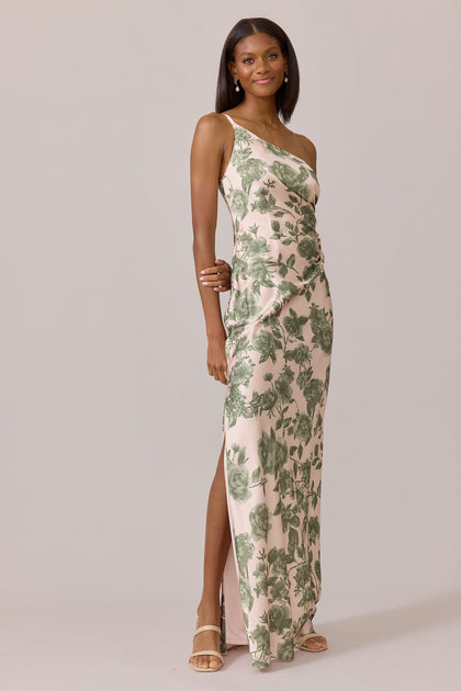 Jade Satin Floral Print Dress | Made To Order | Moss Garden