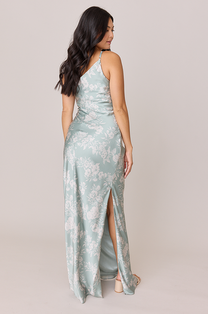 Jade Satin Floral Print Dress | Made To Order | Sage and Champagne Bouquet