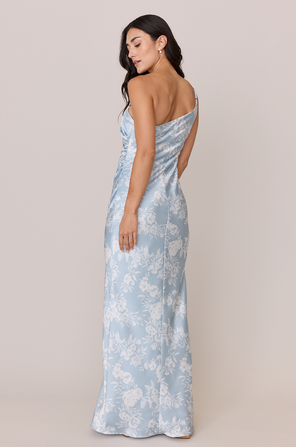Jade Satin Floral Print Dress | Made To Order | Sky Blue Bouquet