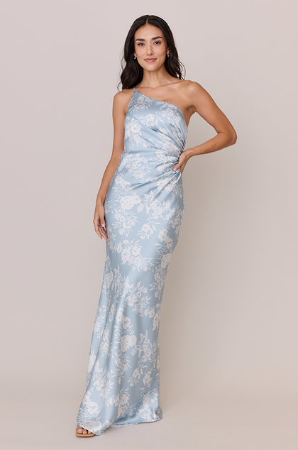 Jade Satin Floral Print Dress | Made To Order | Sky Blue Bouquet