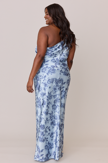 Jade Satin Floral Print Dress | Made To Order | Sky Blue Garden