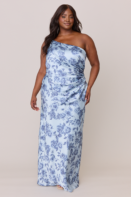 Jade Satin Floral Print Dress | Made To Order | Sky Blue Garden