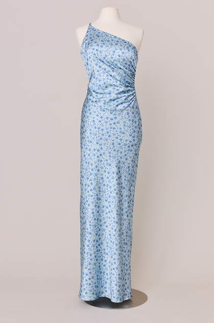 Jade Satin Floral Print Dress | Made To Order | Sky Blue Posey
