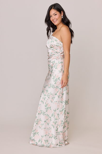 Jade Satin Floral Print Dress | Made To Order | Soft Champagne Bouquet