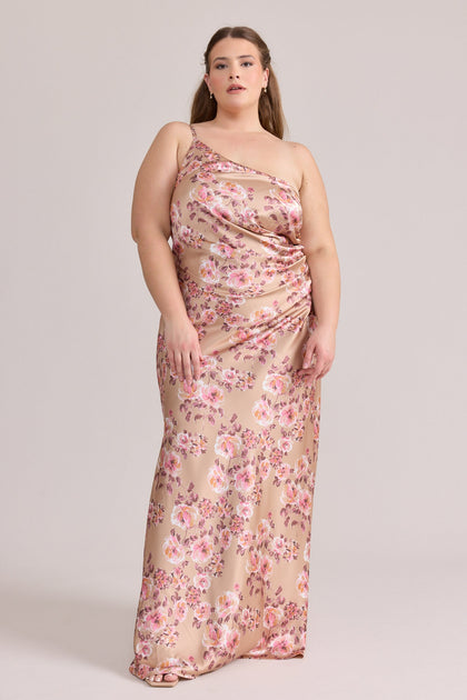 Jade Satin Floral Print Dress | Made To Order | Honey Beige Blossom