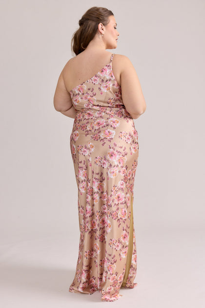 Jade Satin Floral Print Dress | Made To Order | Honey Beige Blossom