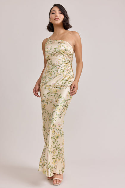 Jade Satin Floral Print Dress | Made To Order | Pale Yellow Blossom