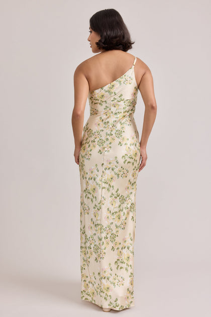 Jade Satin Floral Print Dress | Made To Order | Pale Yellow Blossom