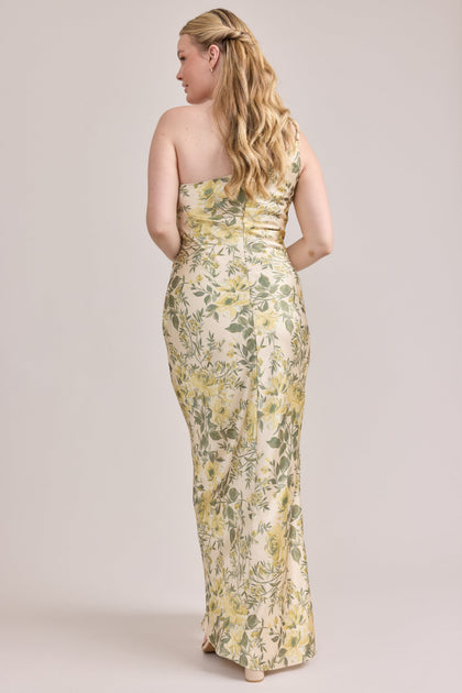Jade Satin Floral Print Dress | Made To Order | Pale Yellow Meadow Blooms