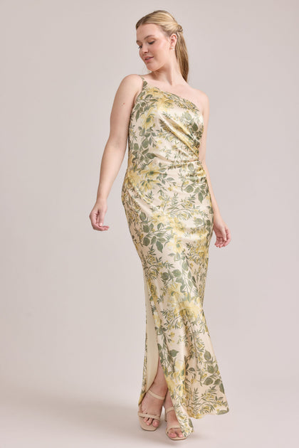 Jade Satin Floral Print Dress | Made To Order | Pale Yellow Meadow Blooms