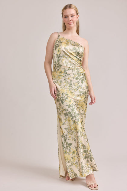 Jade Satin Floral Print Dress | Made To Order | Pale Yellow Meadow Blooms