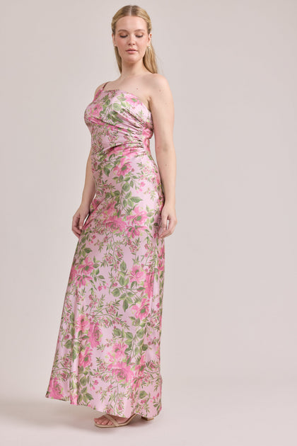Jade Satin Floral Print Dress | Made To Order | Perfect Pink Meadow Blooms