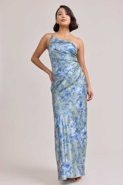 Jade Satin Floral Print Dress | Made To Order | Sage and Sky Blue Meadow Blooms