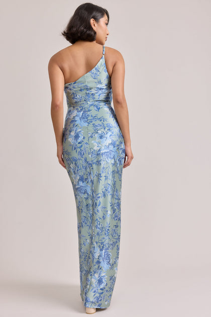 Jade Satin Floral Print Dress | Made To Order | Sage and Sky Blue Meadow Blooms