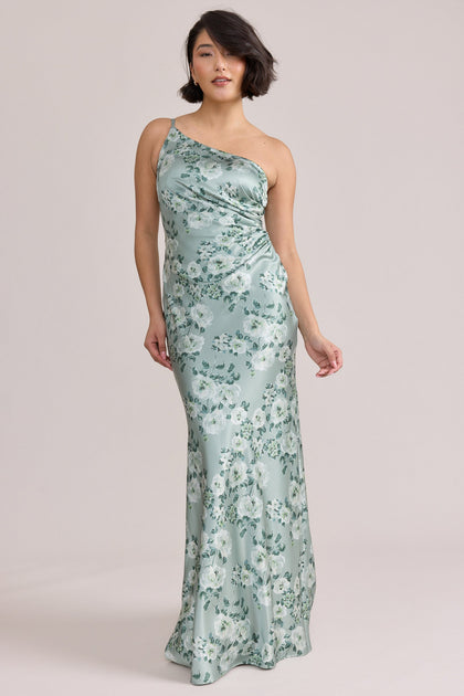 Jade Satin Floral Print Dress | Made To Order | Sage Blossom