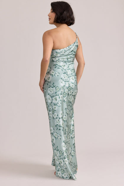 Jade Satin Floral Print Dress | Made To Order | Sage Blossom