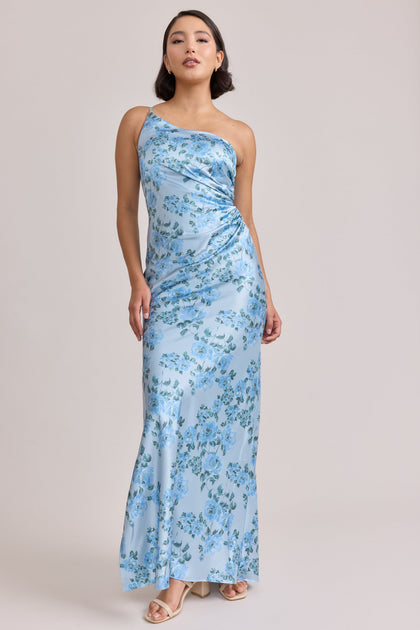 Jade Satin Floral Print Dress | Made To Order | Sky Blue Blossom