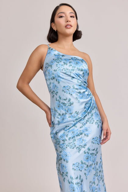 Jade Satin Floral Print Dress | Made To Order | Sky Blue Blossom