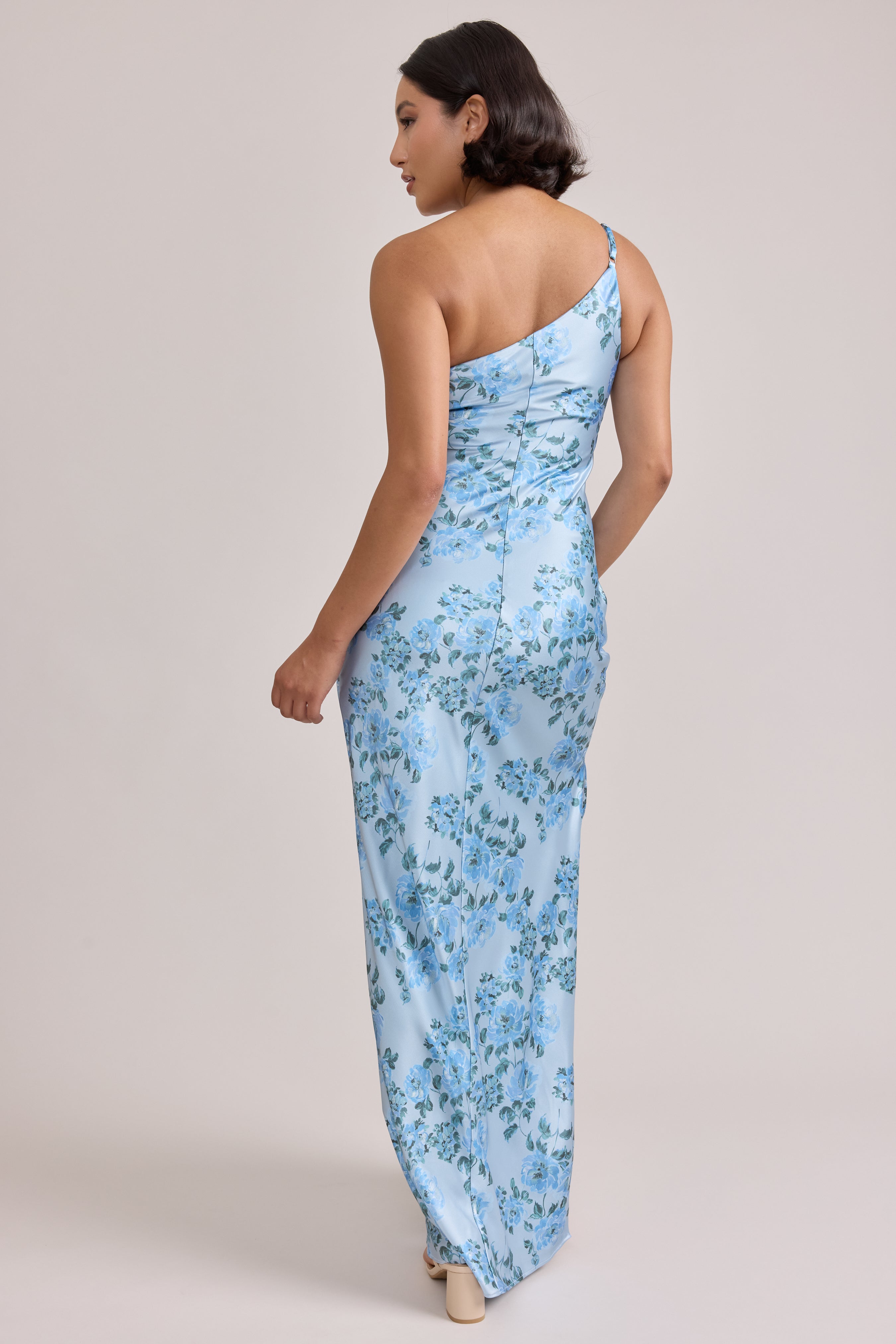 Jade Satin Floral Print Dress | Made To Order Dusty Blue Posey Jade Satin Floral Print Dress | Made To Order Dusty Blue Posey