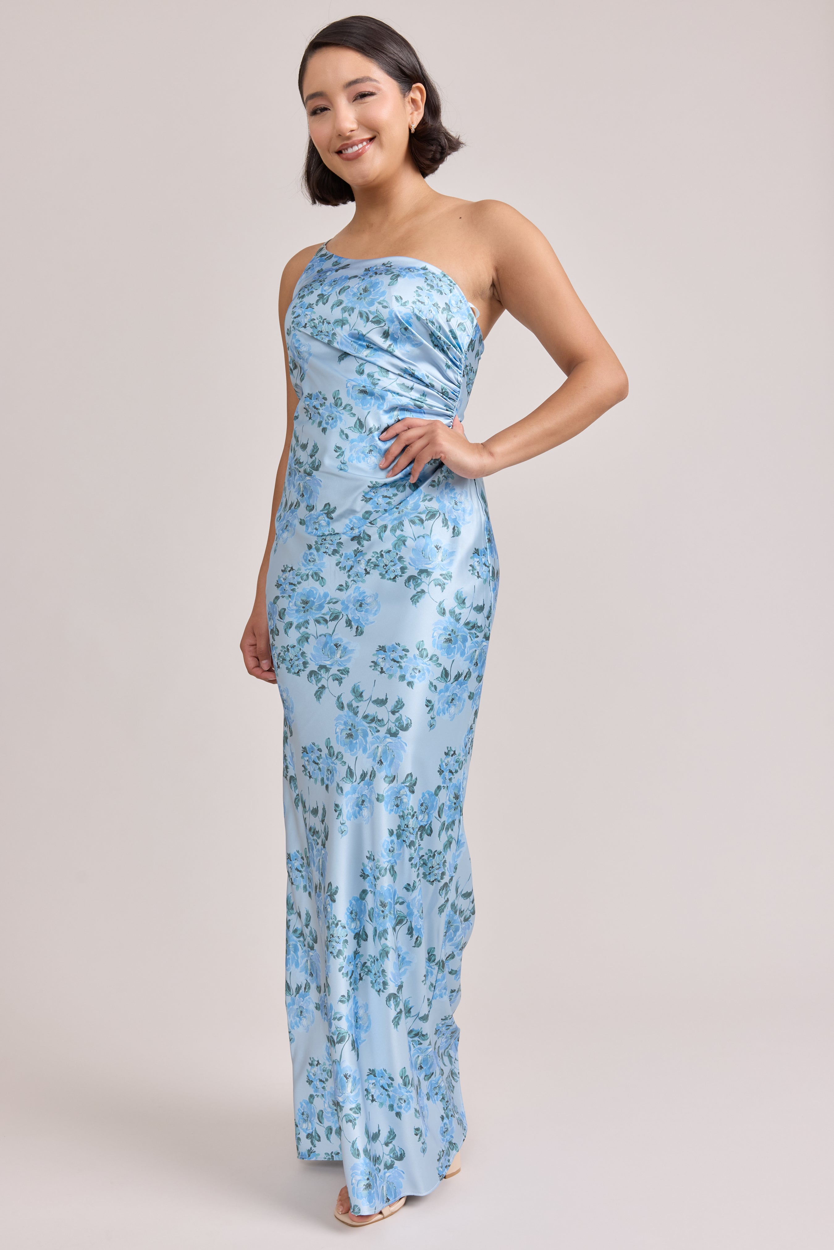 blue satin floral dress Blue Floral Satin Dress main image 1