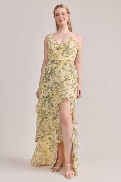 Jules Chiffon Floral Print Dress | Made To Order | Pale Yellow Meadow Blooms